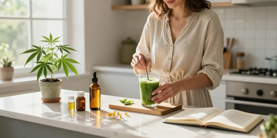 Comprar cbd online en una cocina brillante con productos naturales y aceites de alta calidad.