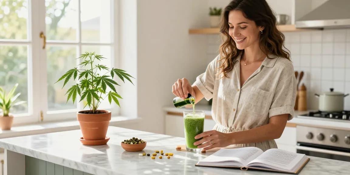 Compra cbd online en una cocina luminosa con productos de bienestar, incluyendo aceite de CBD y un batido verde.