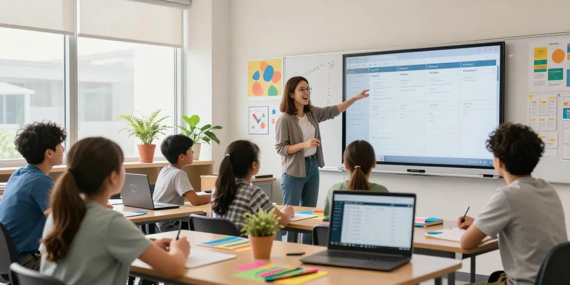 Teacher using EMStudio online teacher planner in dynamic classroom with engaged students, showcasing effective classroom management.