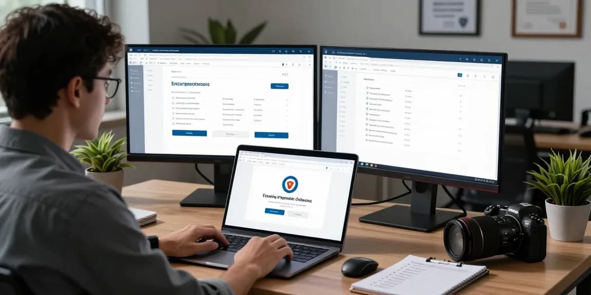 Tech support professional verifying secure connections at https://shs-dome5.com/ in a modern office workspace.