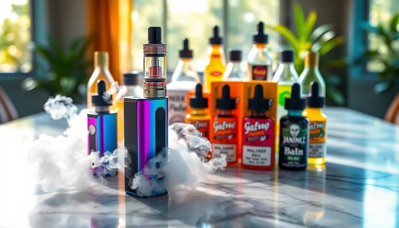 Vibrant display of Vape & E-Liquids showcasing a variety of colorful devices and bottles.