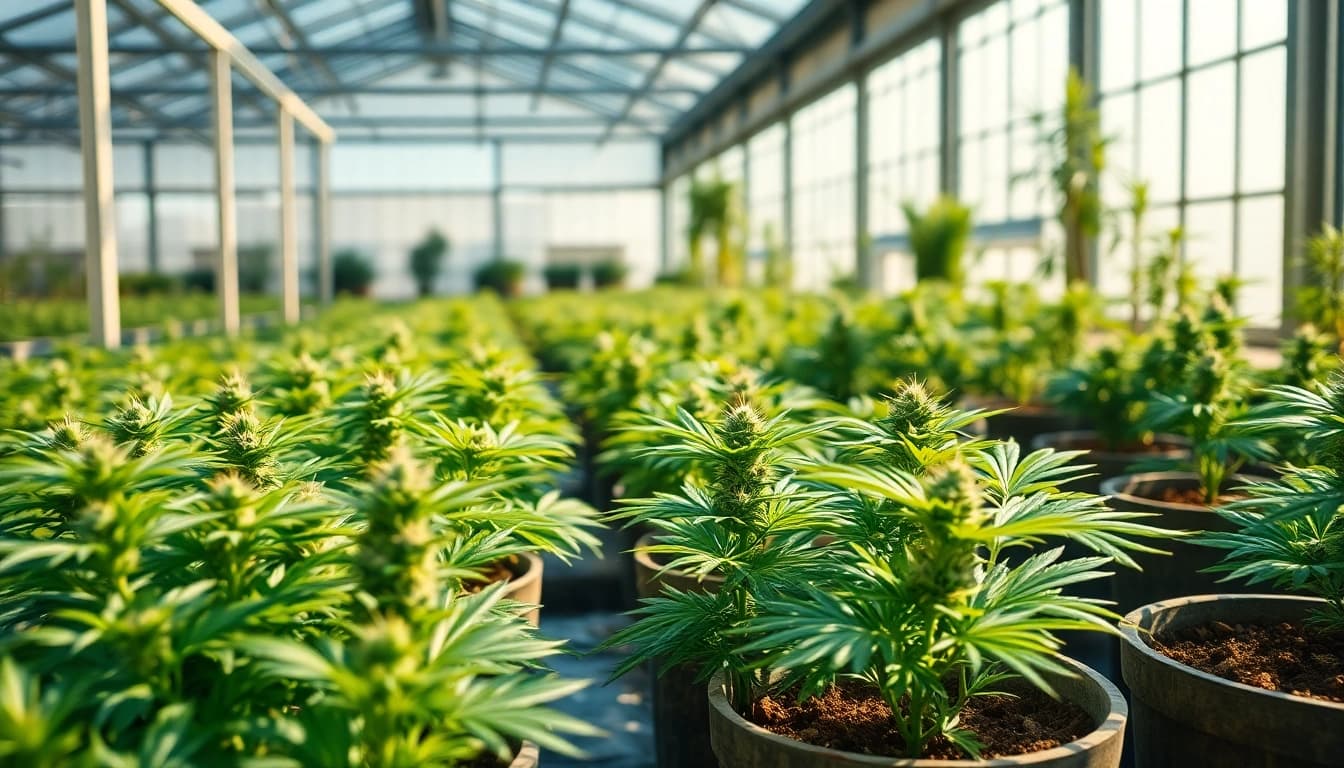 Find where to buy weed plants in a lush greenhouse, highlighting vibrant greenery.