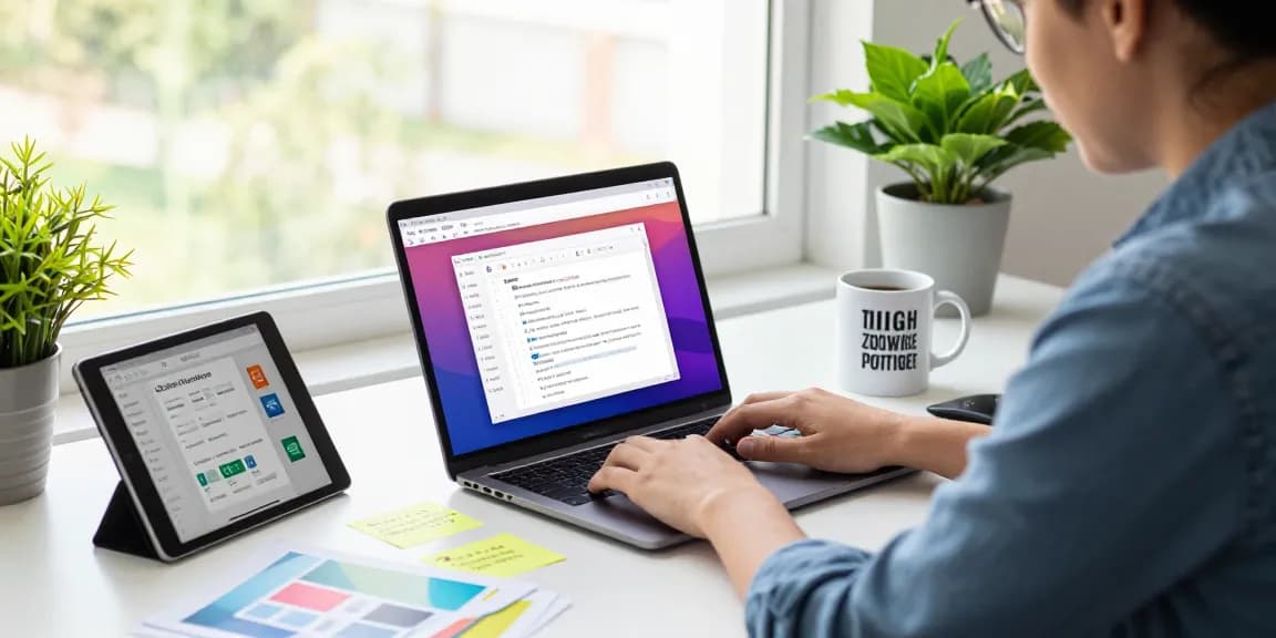 Download WPS Office software on a modern workspace with laptop and tablet.