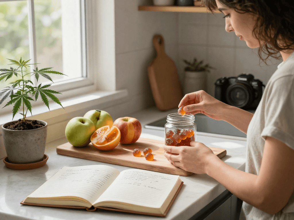 Edibles and CBD wellness products displayed in a bright kitchen, promoting safe usage and health benefits.