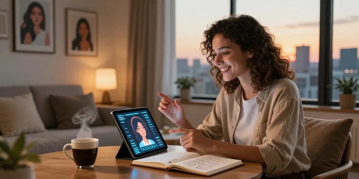 Engaging scene of a young woman interacting with her AI girlfriend on a tablet in a cozy room.