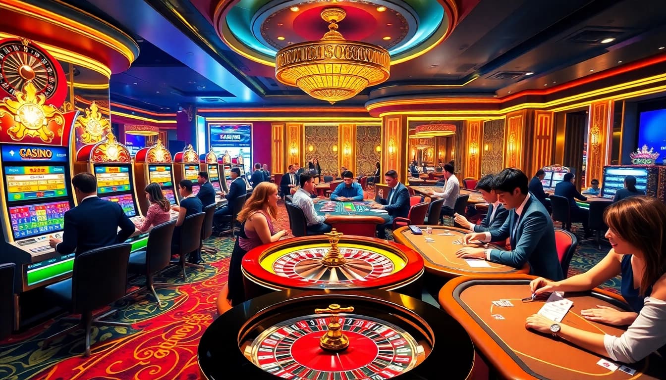 Gamblers enjoying a thrilling moment at a luxurious casino featuring 7upbet gaming elements.