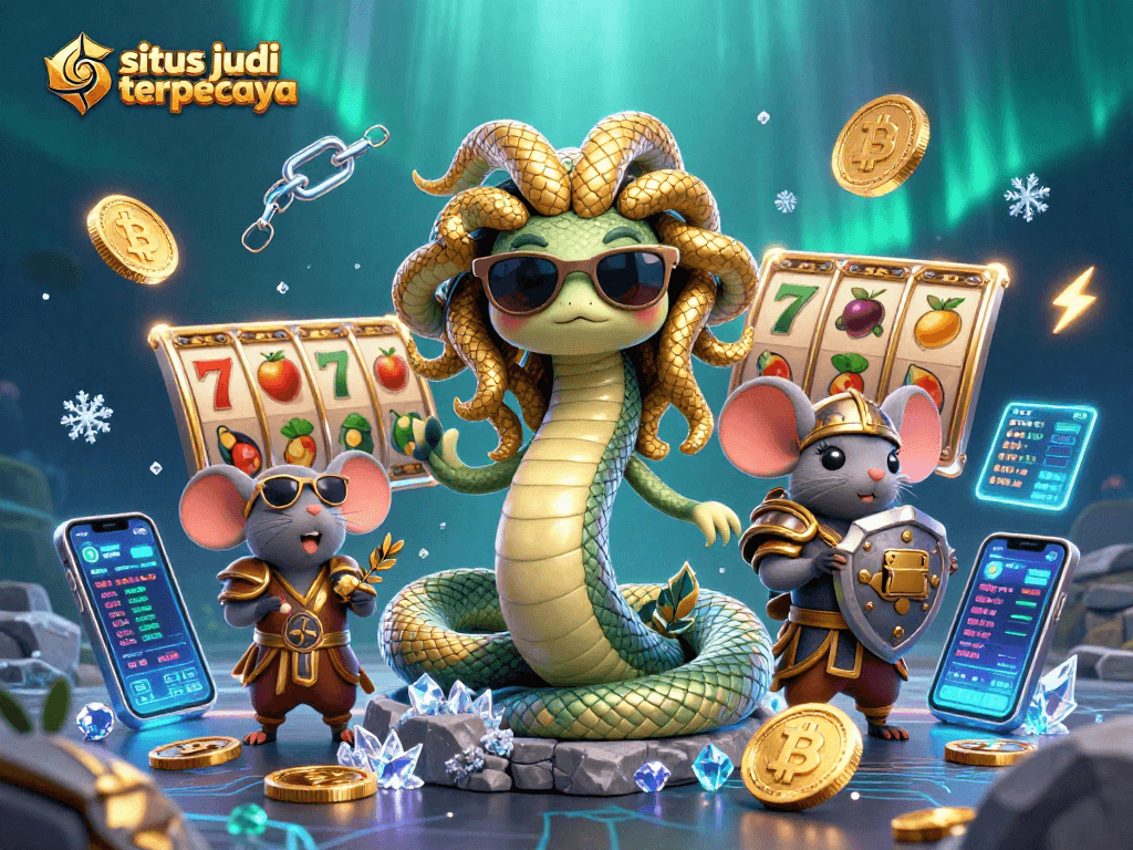 Visualisasi kreatif situs judi terpercaya dengan karakter Medusa dan mouse pejuang di dunia kasino.