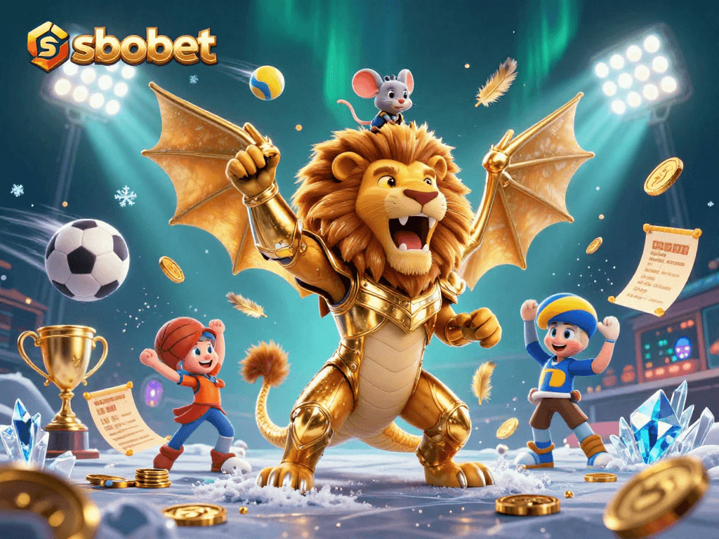 Bet on sbobet with thrilling sports action featuring a golden chimera and iconic sports elements.