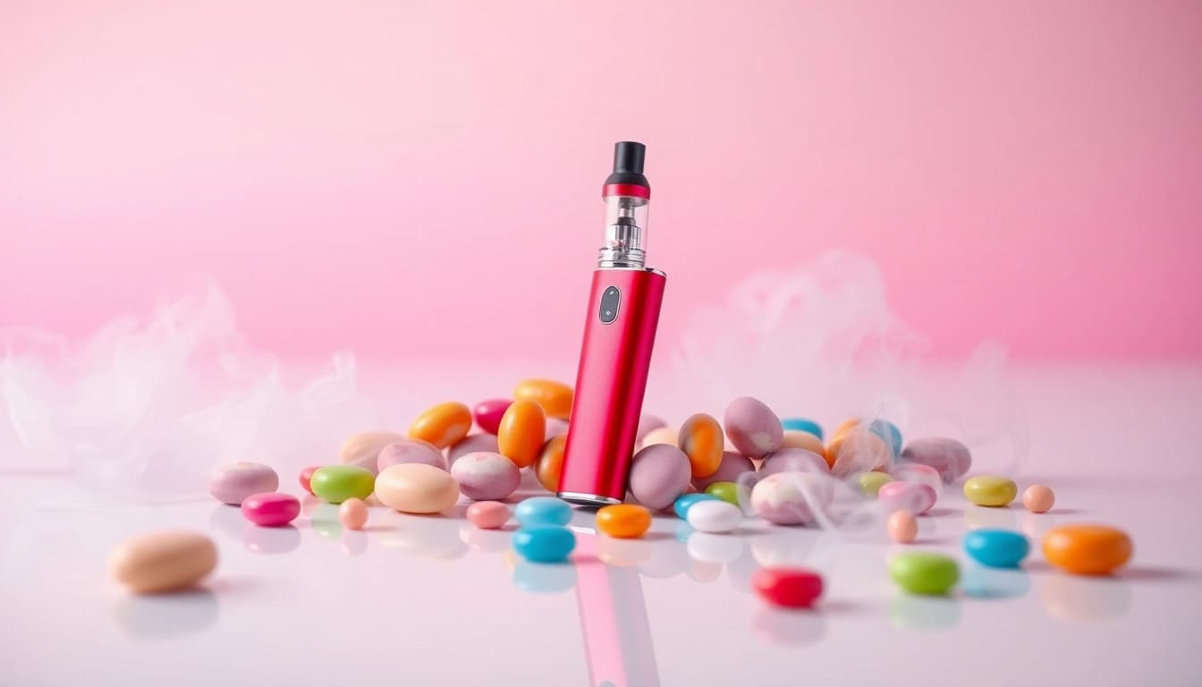 Enticing candy vape pen showcased with colorful candies, inviting a playful atmosphere.