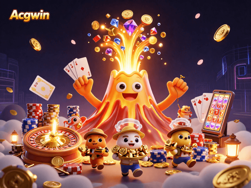 Acgwin showcases a vibrant 3D scene with a volcano, treasure, and dynamic casino elements.