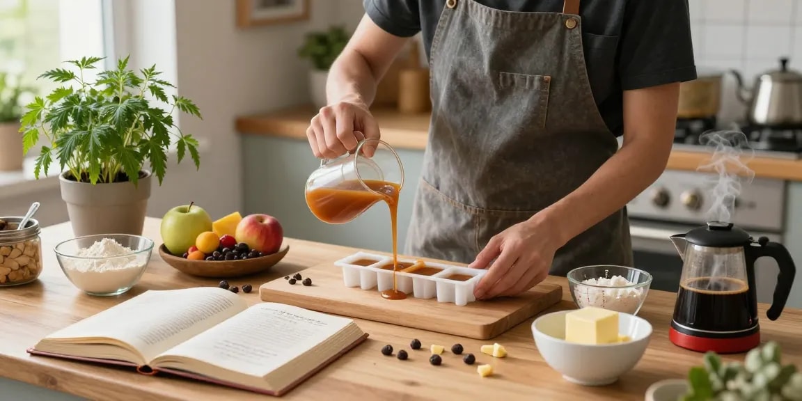 Edibles UK - Home cook creating cannabis-infused caramels, showcasing vibrant ingredients and cozy kitchen atmosphere.