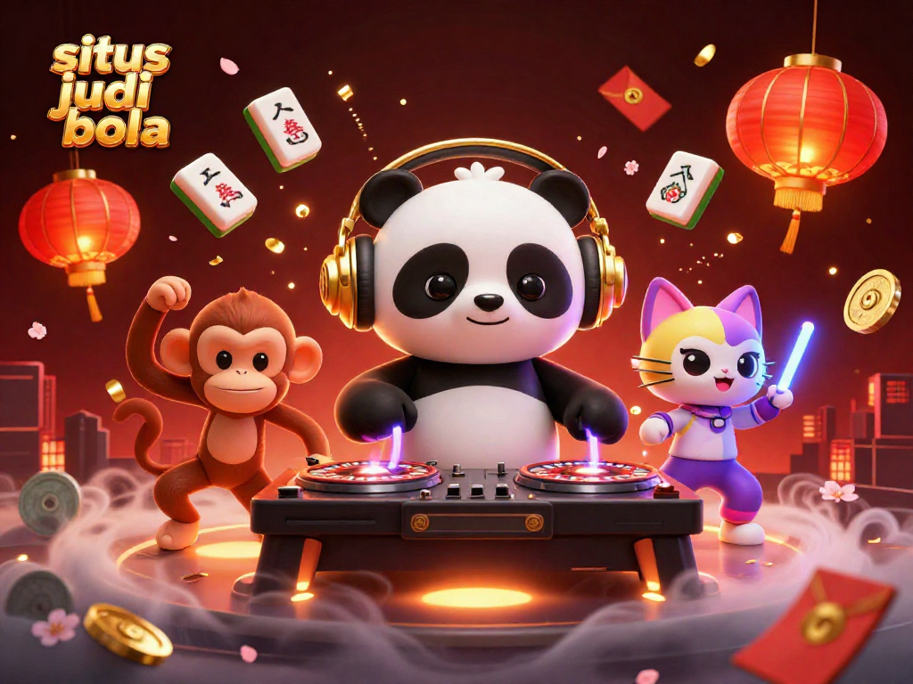 Experience situs judi bola with vibrant characters dancing among game elements in a 3D digital illustration.