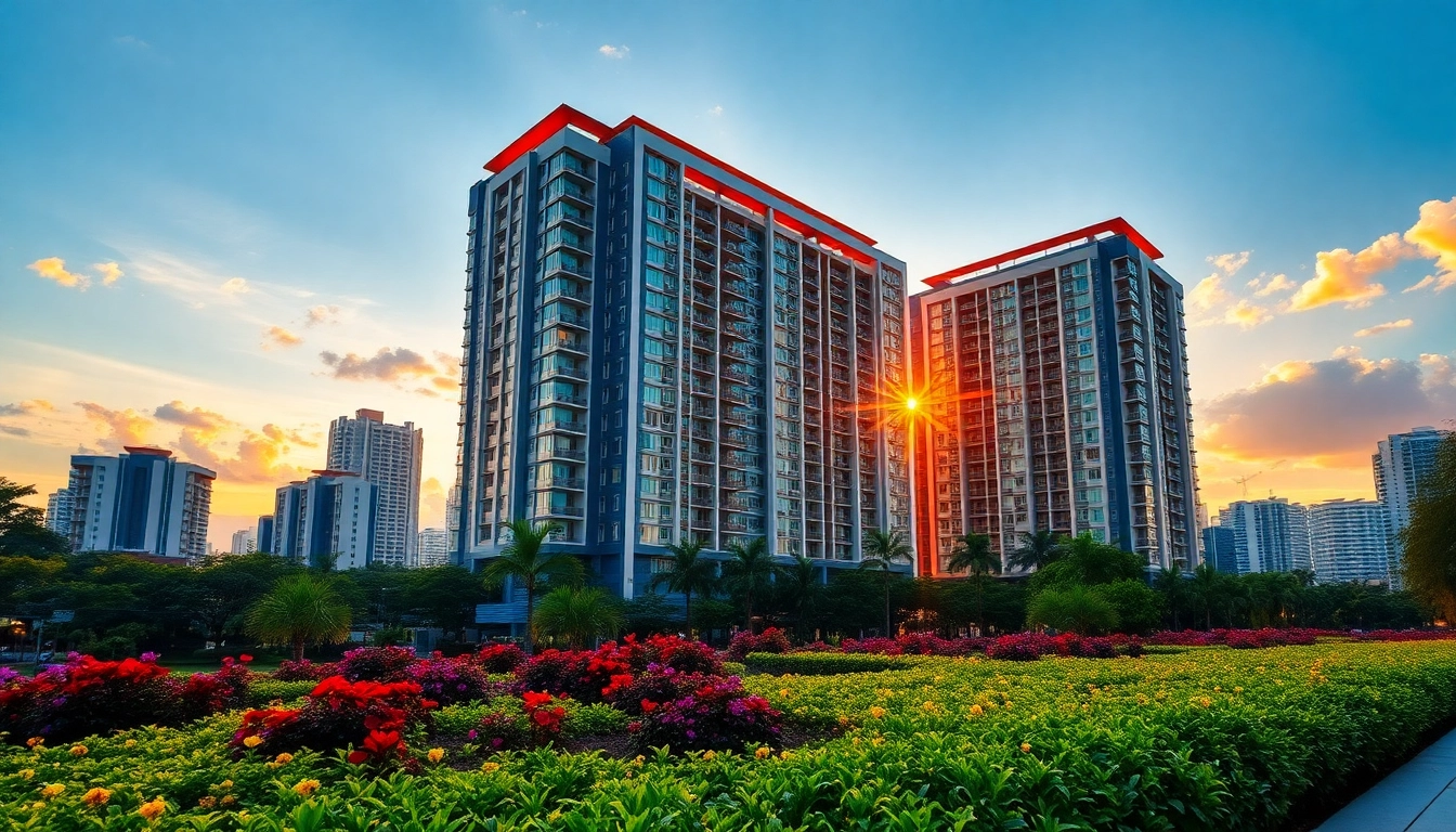 Discover the luxurious Tampines EC amidst a vibrant urban landscape at sunset.