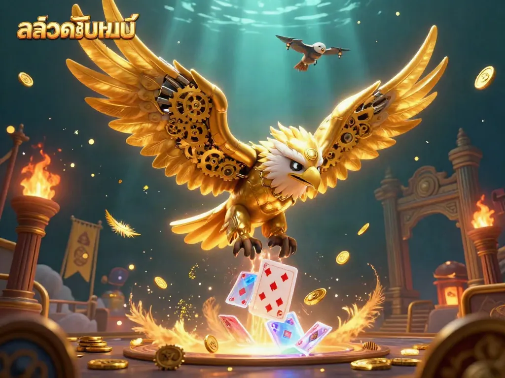 Engage with stunning สล็อตออนไลน์ visuals featuring a cybernetic eagle amidst golden coins and holographic cards.
