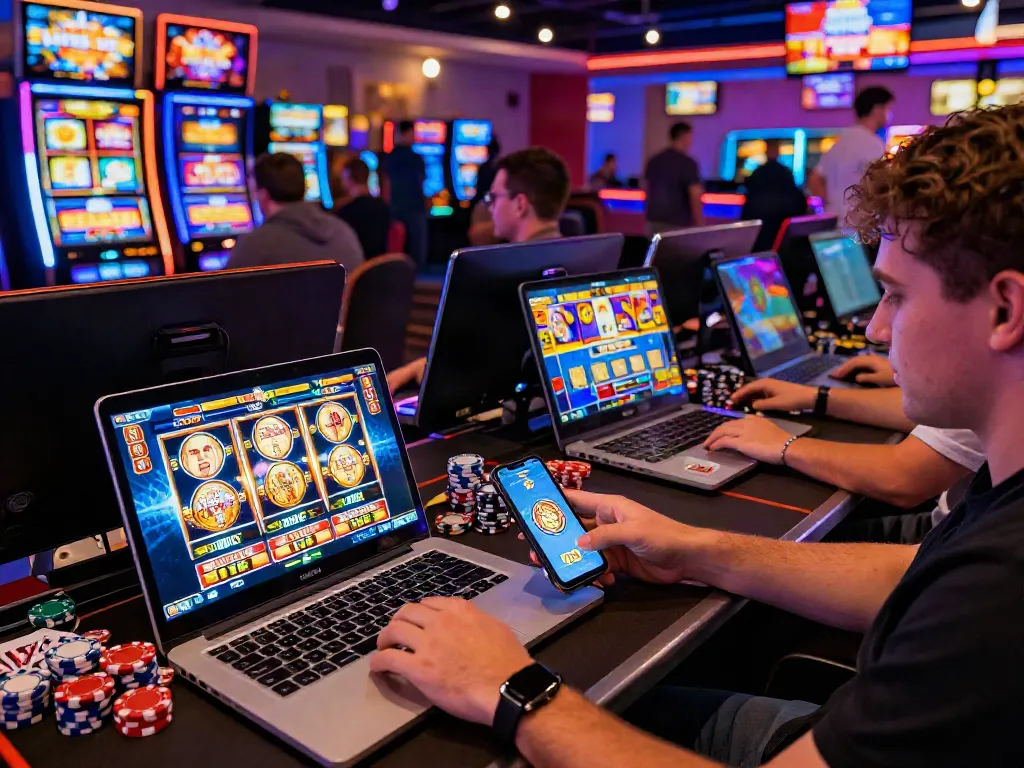 Pengalaman bermain slot online ZEUS222 yang penuh warna dengan perangkat modern di latar belakang.