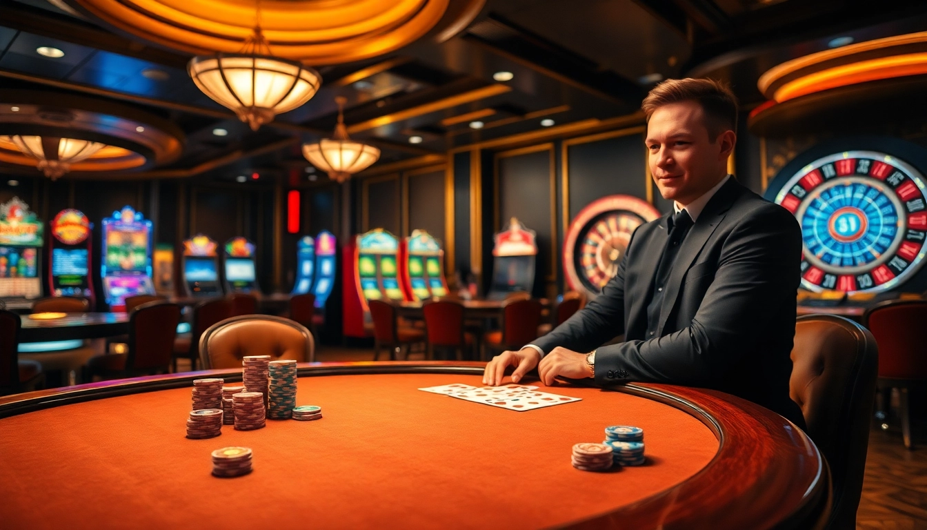Experience excitement at gamebaidoithuong.trading with a luxurious casino scene featuring poker chips and neon slots.