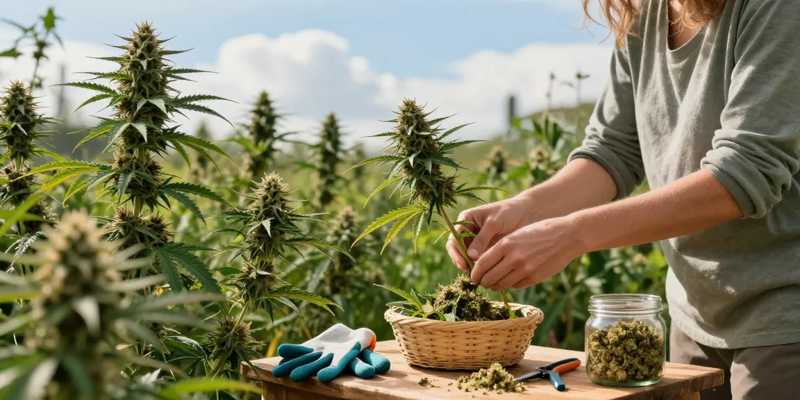 Harvesting shake weed from a vibrant cannabis garden, showcasing fresh trim and tools.