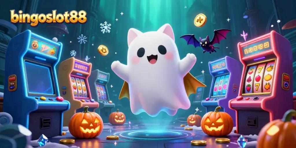 Bingoslot88, pengalaman bermain kasino dengan hantu kucing dan simbol slot, suasana seru.