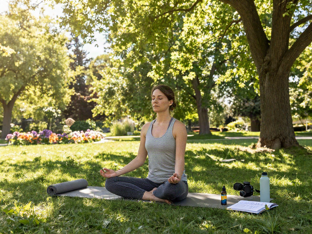 Muha Meds CBD oil bottle during a peaceful outdoor yoga session in nature, emphasizing organic wellness.