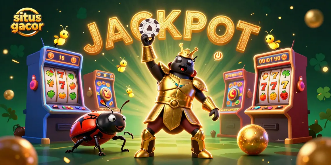 Spin the winning slots with situs gacor as the cartoon beetle lifts the jackpot poker chip in a vibrant casino