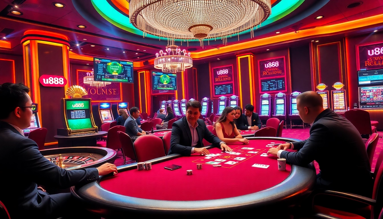 Experience high-stakes action in u888's luxurious casino environment with vibrant poker and roulette scenes.