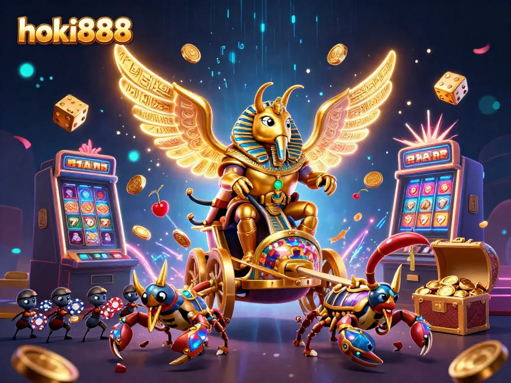 Menangkan jackpot dengan hoki888, ilustrasi 3D penuh warna dan detail aksi kasino.