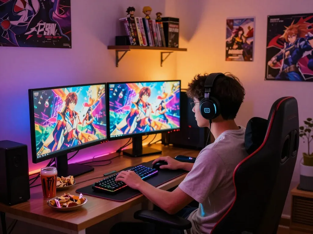 Engaging gamer playing online sex games in cozy home den with dual monitors.