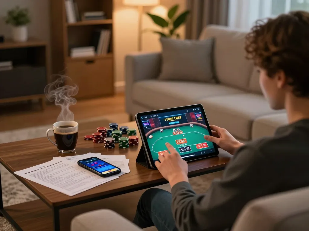 Engaging in the hidden wiki link online poker game on a tablet while seated comfortably at home.