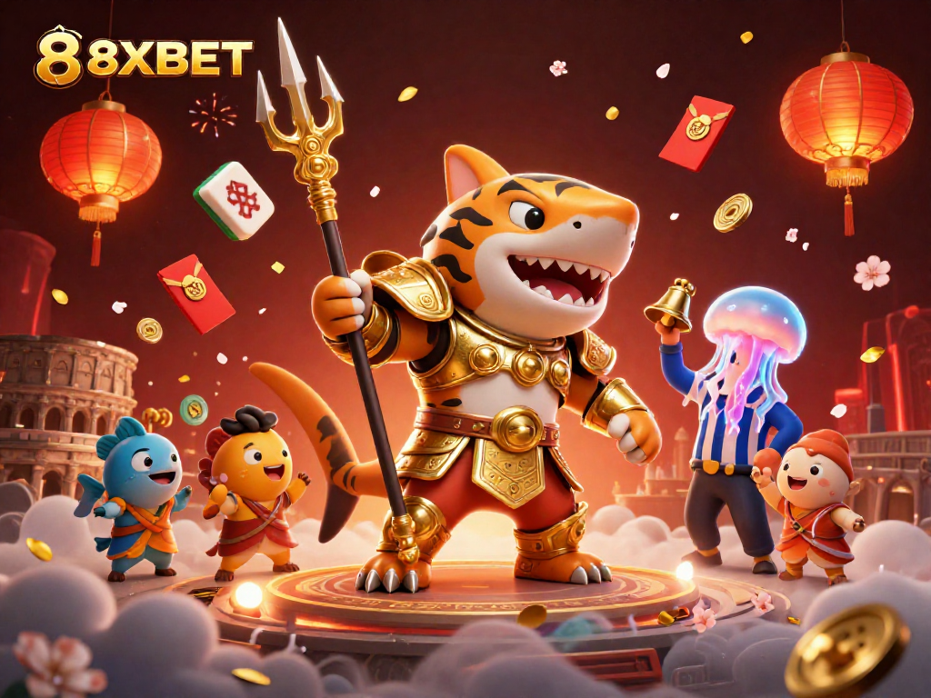 Experience intense gaming with 8XBET as a tiger shark in gladiator armor battles in a vibrant underwater casino.