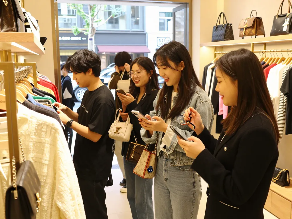 Shoppers exploring stylish items at a 레플리카 쇼핑몰, vibrant urban boutique atmosphere.