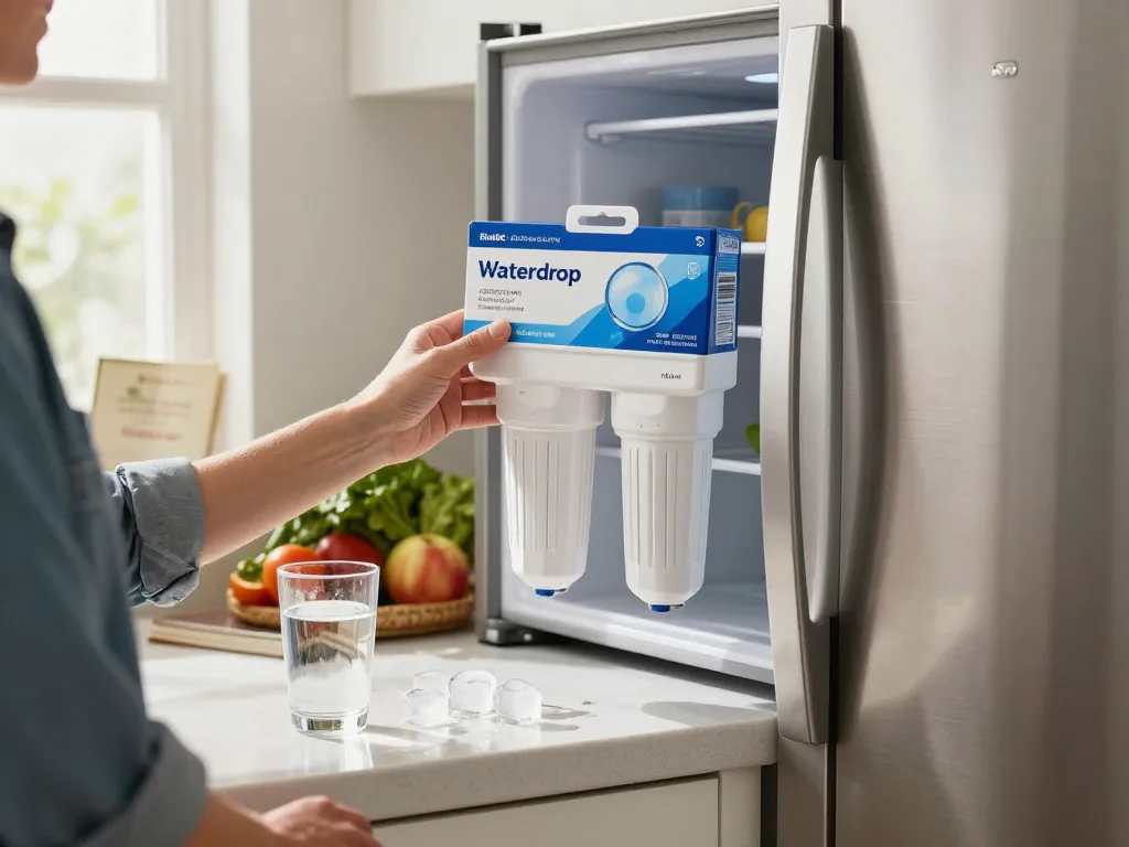 Installing a Waterdrop ADQ73613401 Refrigerator Water Filter in a home kitchen for fresh, clean water.