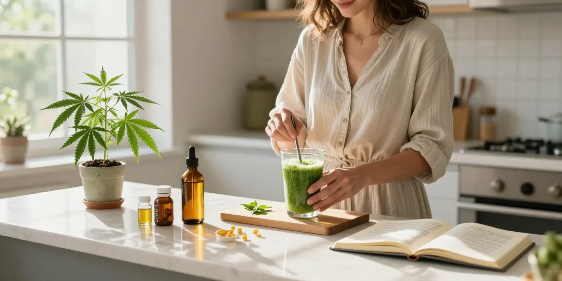 Comprar cbd online en una cocina brillante con productos naturales y aceites de alta calidad.