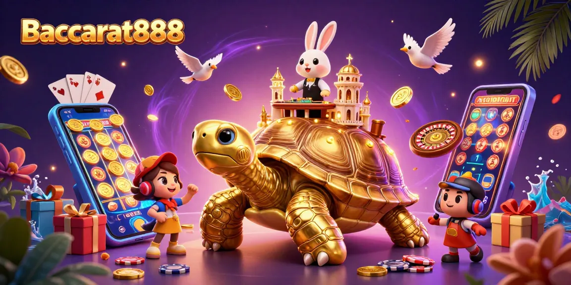 Baccarat888 showcases a lively scene with a golden tortoise casino, a rabbit dealer, and flying coins, enhancing the gaming experience.