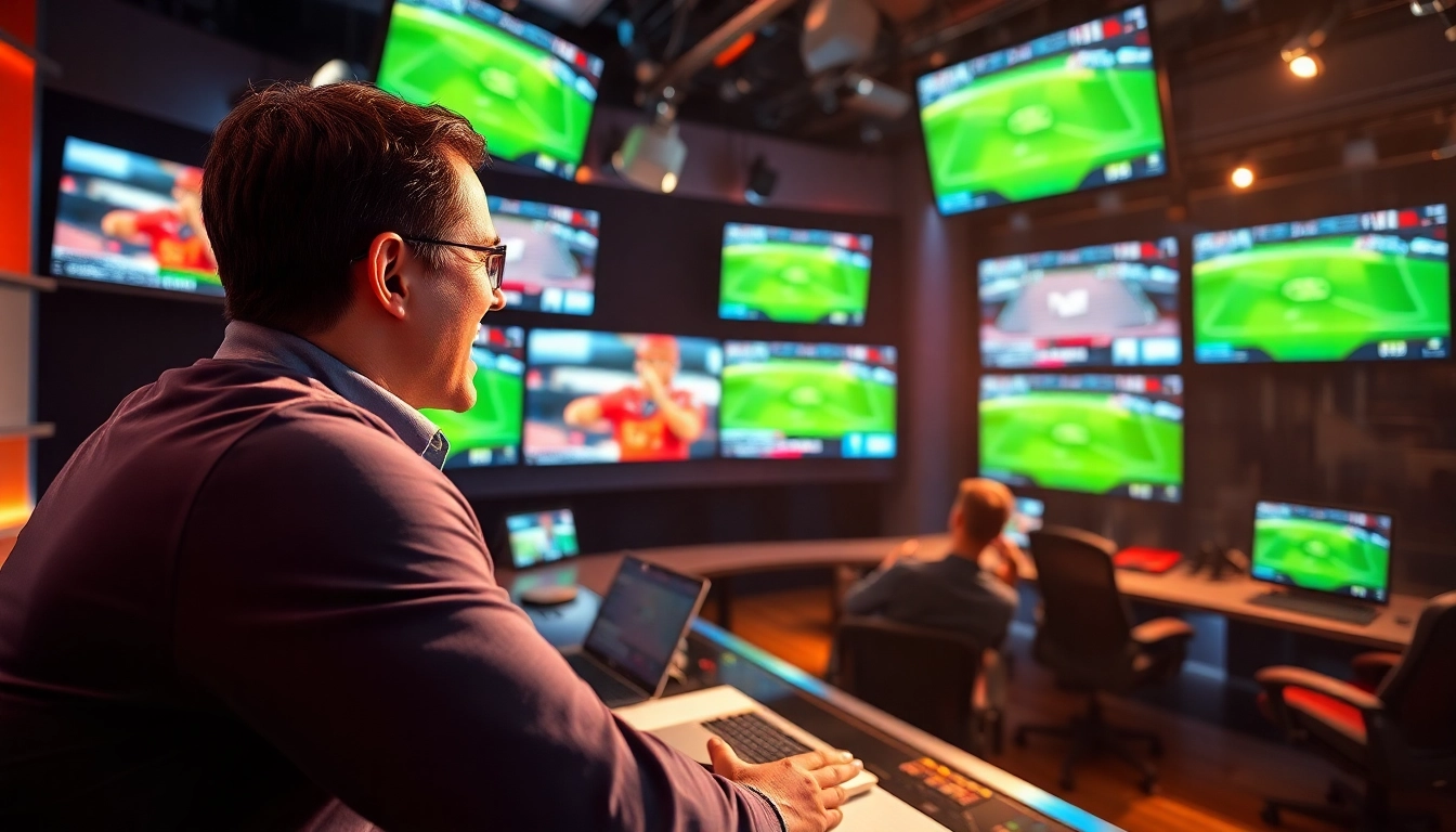 Engage with Sports Broadcasting visuals showcasing an energetic commentator in a studio.
