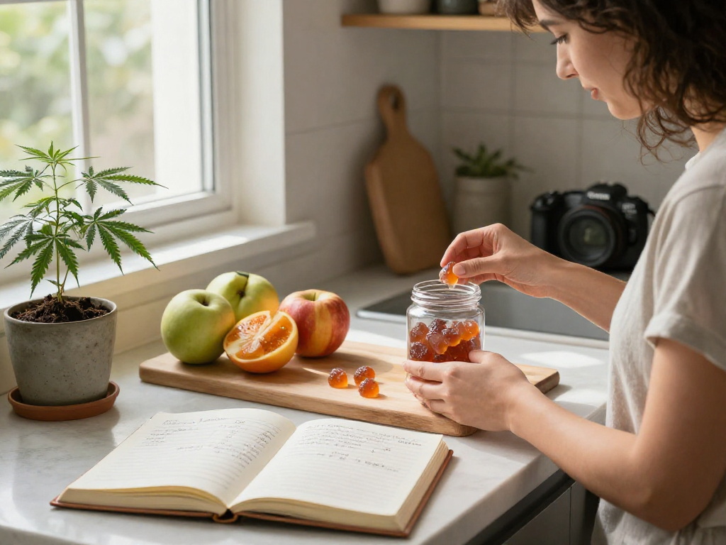 Edibles and CBD wellness products displayed in a bright kitchen, promoting safe usage and health benefits.