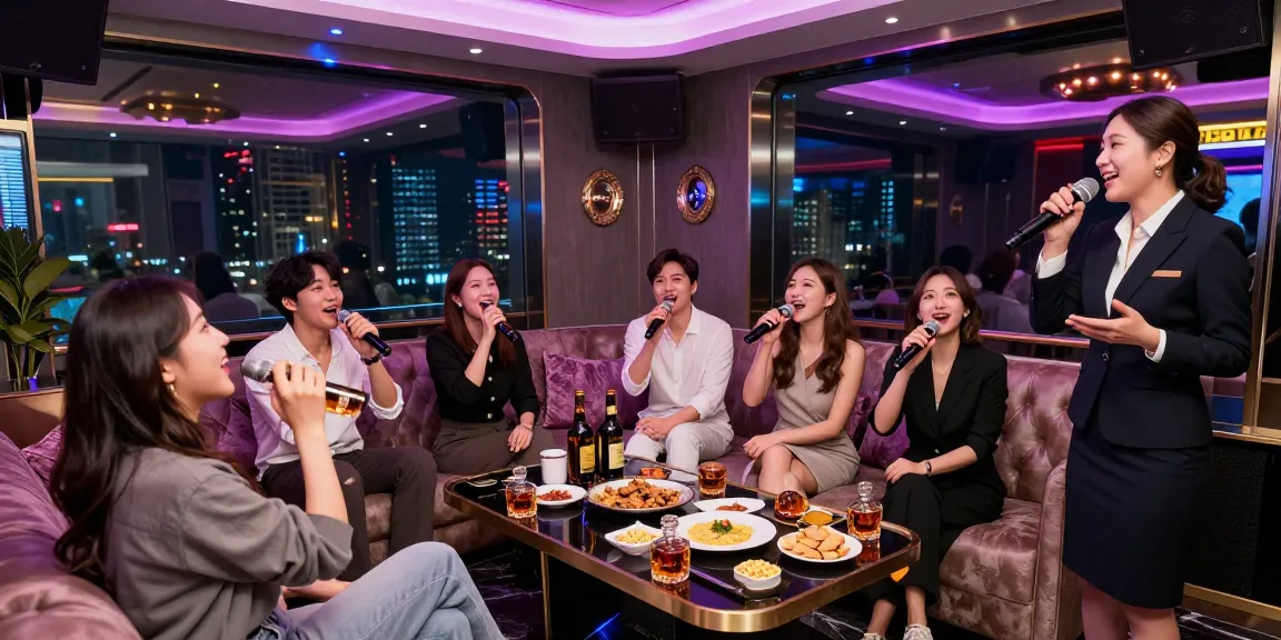 Experience the vibrant atmosphere of 강남 가라오케 with friends enjoying singing, drinks, and luxury service in a colorful private room.