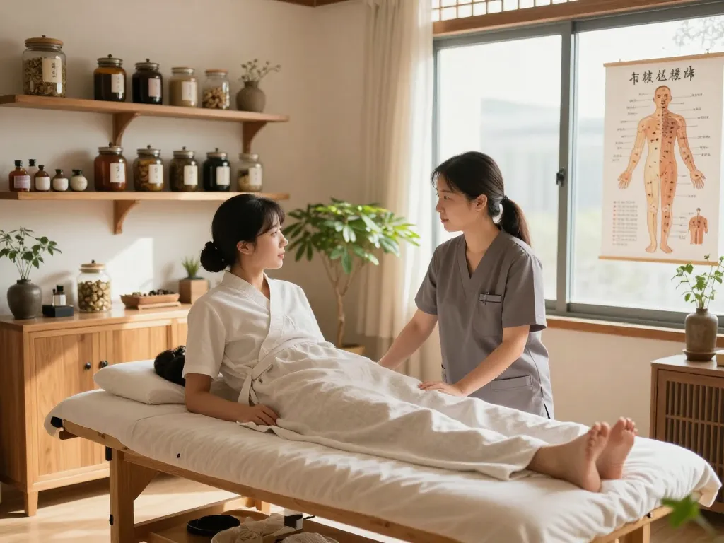 Consultation at 수원한의원 with herbal remedies and natural light.