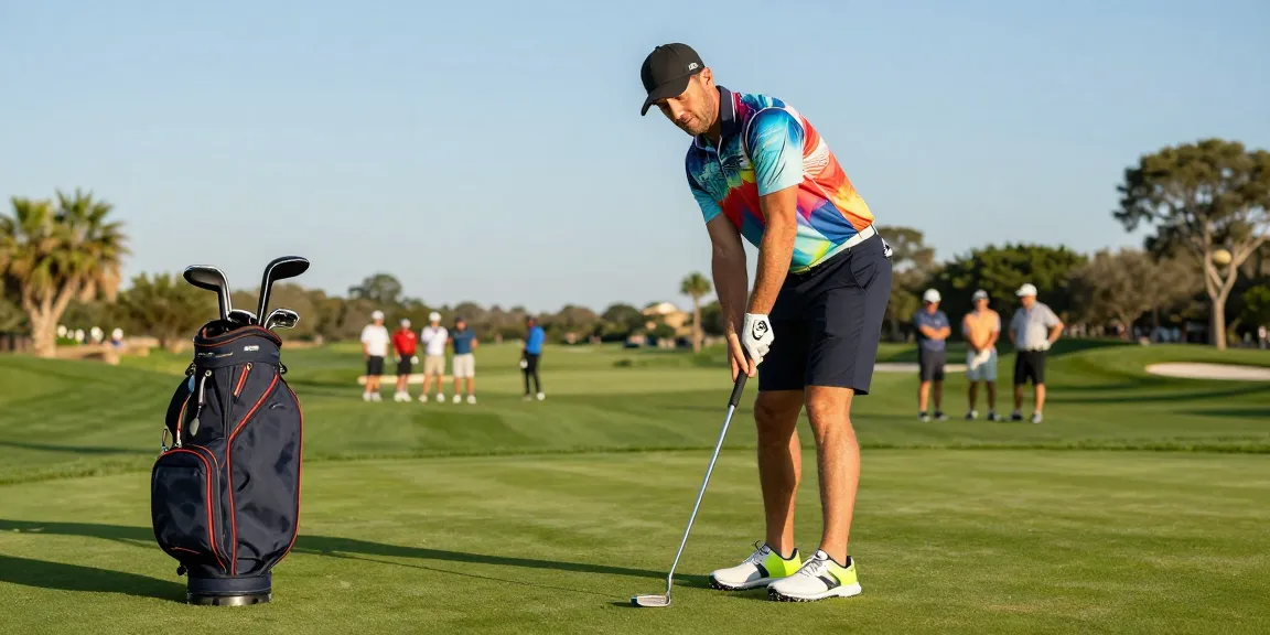Stylishly dressed golfer ready to swing, featuring trending 골프웨어 레플리카 on a sunny golf course.