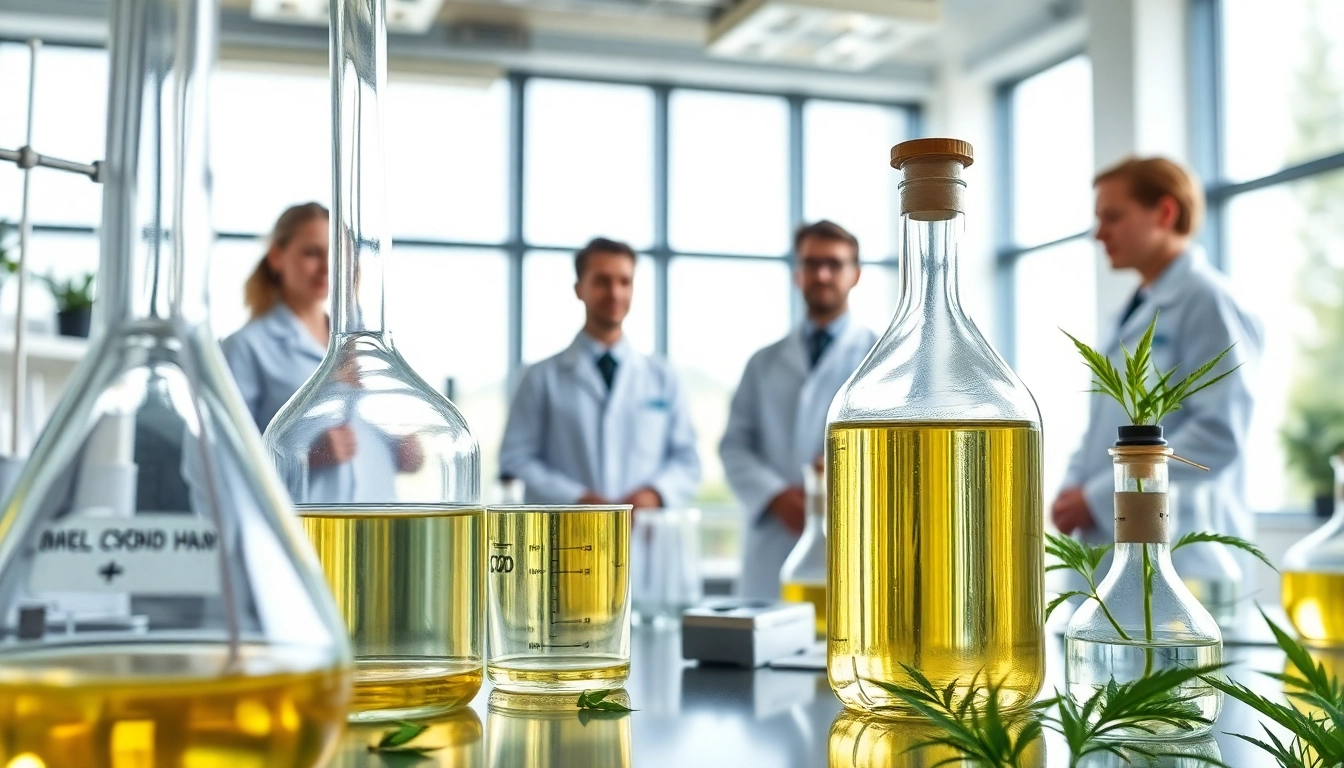 Extracting CBD Oil in a modern lab, showcasing the scientific process and professional atmosphere.