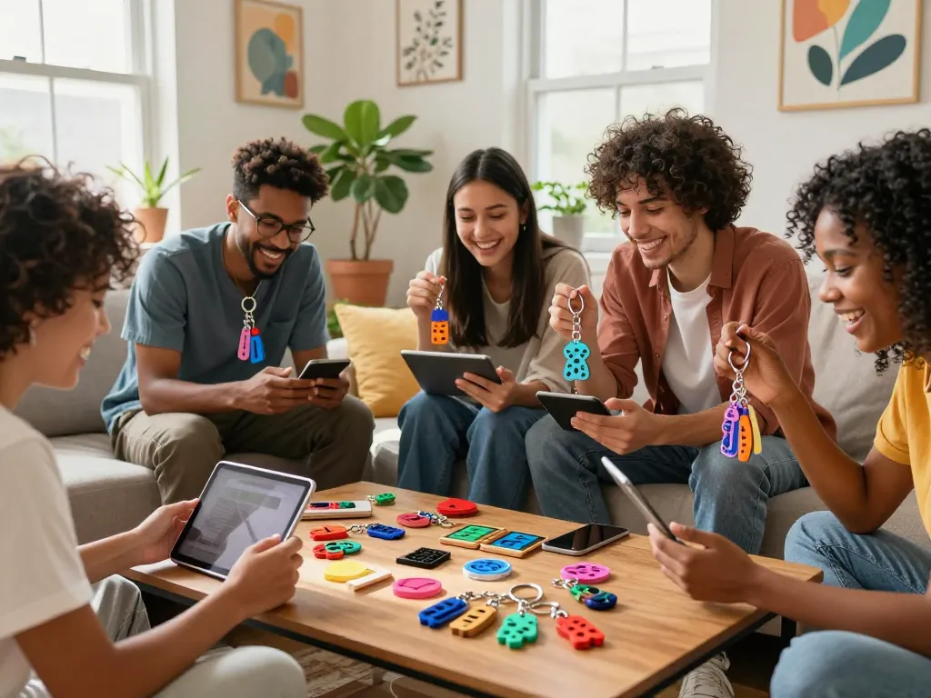 Friends customizing personalized keychains together in a bright living room.