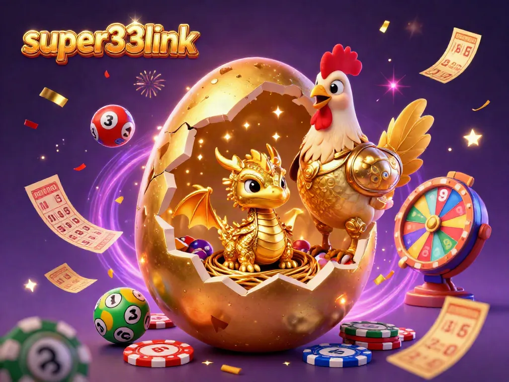 Engage with super33link's exciting gaming themes featuring a golden baby dragon, poker chips, and bouncing lottery balls.