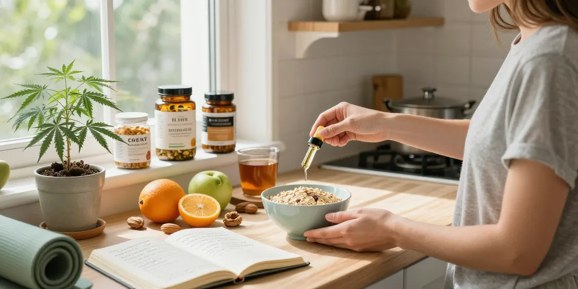 cbd edibles uk - Healthy CBD-infused breakfast scene with hemp plant, natural ingredients, and wellness products promoting a balanced lifestyle.