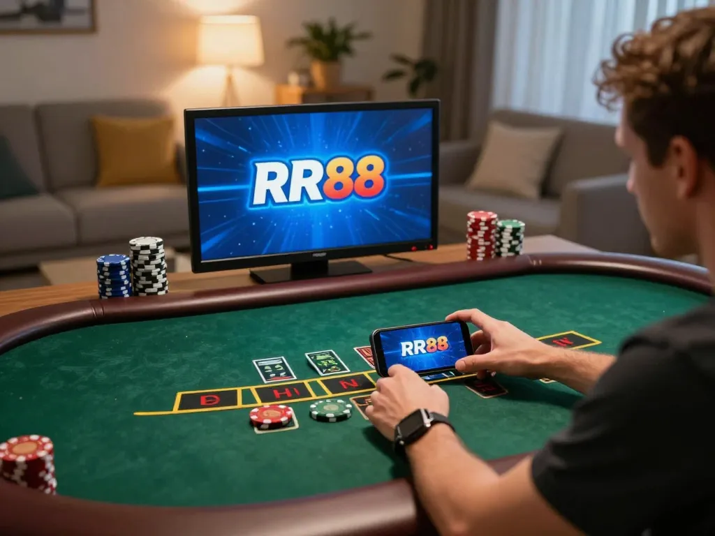 Engaging gambler at trang chủ rr88 placing strategic bets on a live dealer blackjack game.