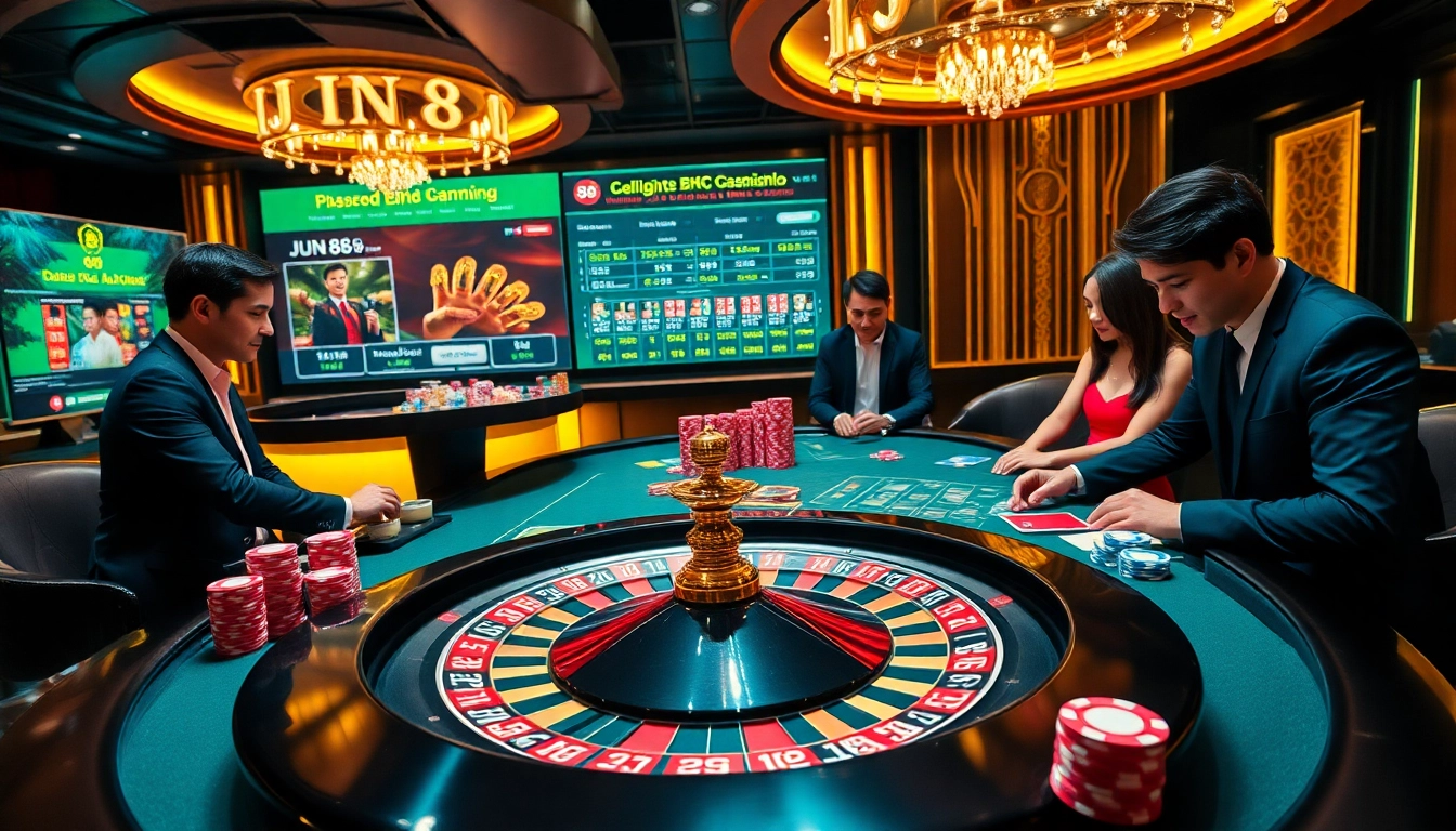 Experience the thrill of wagering at Jun 88's luxurious casino tables filled with poker chips and vibrant cards.