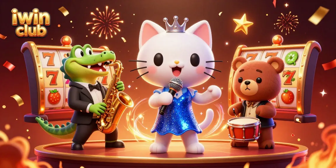 Experience excitement at iwin club with vibrant slot reels and captivating characters in a lively casino scene.