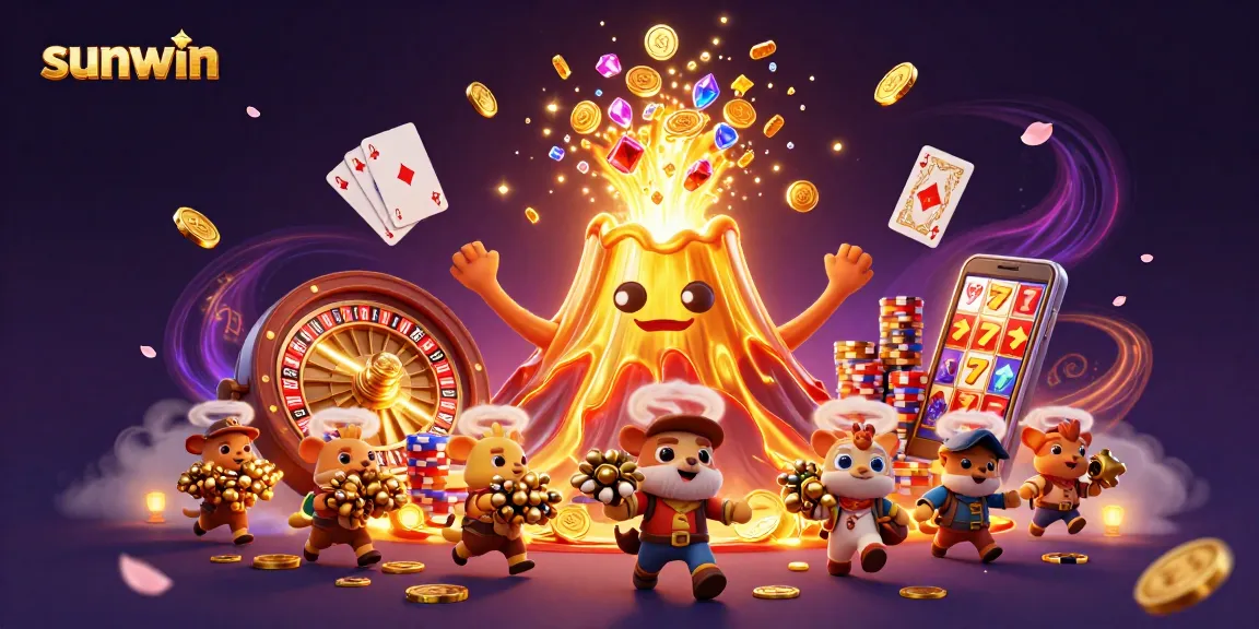 Experience the thrill of gaming at Sunwin with golden treasures erupting from a volcano in this animated scene.