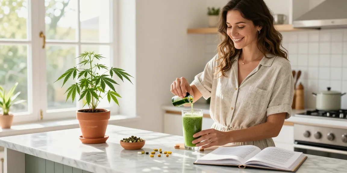 Compra cbd online en una cocina luminosa con productos de bienestar, incluyendo aceite de CBD y un batido verde.