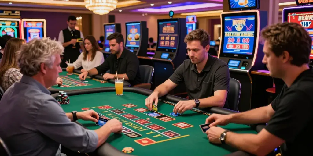 Engaged players at a lively online casino using credit cards for deposits, emphasizing vibrant atmosphere and security of online casinos.