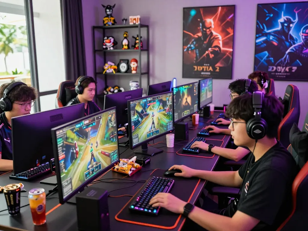 Engaged gamers strategizing on esports betting Singapore while surrounded by vibrant gaming gear and event screens.