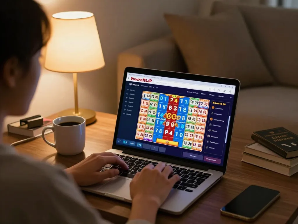 Engaging with YowesJP online casino on a laptop for Toto Macau 4D gameplay in a cozy setting.